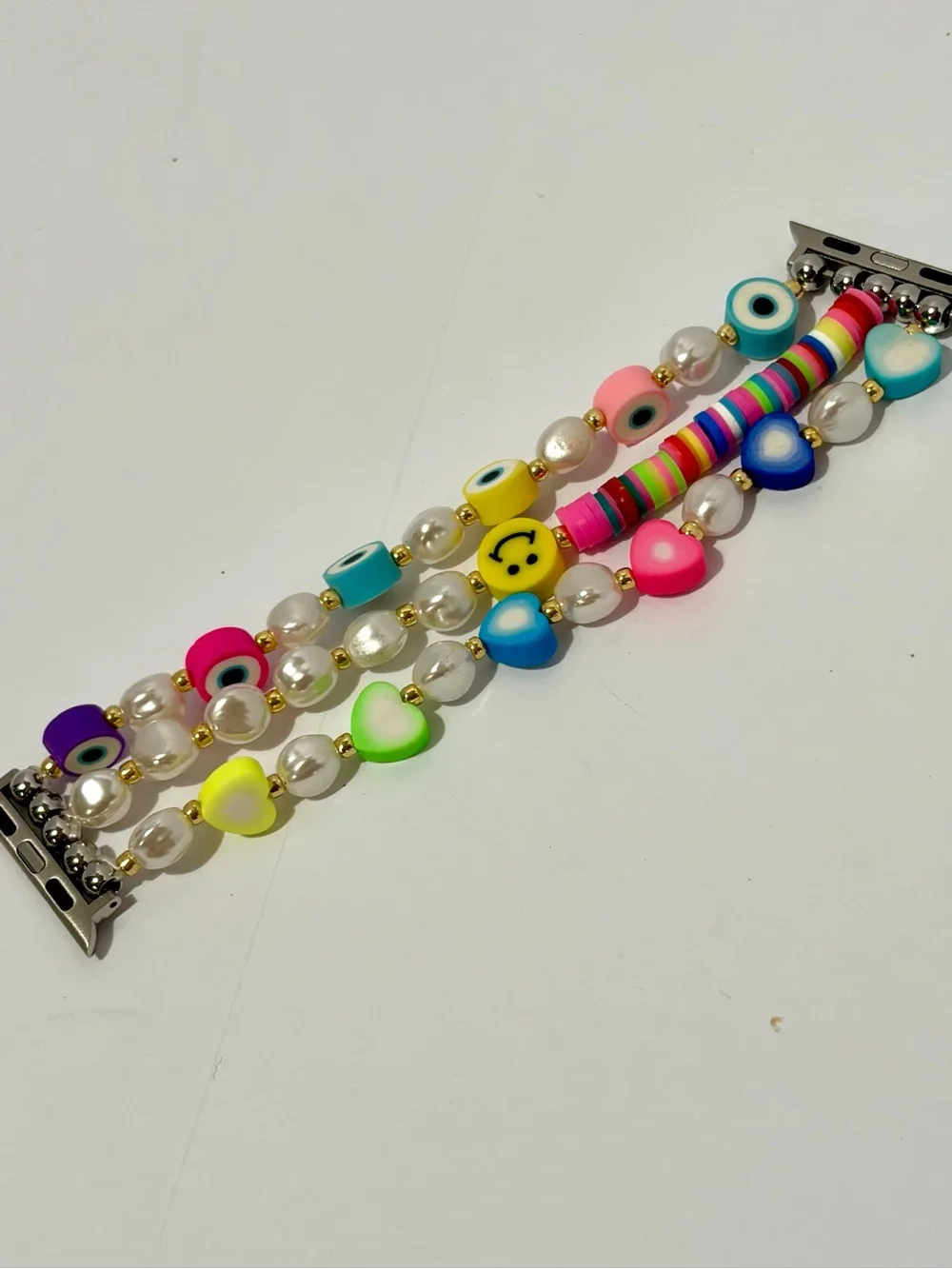Colorful Beaded Apple Watch Band with Hearts and Evil Eye Charms